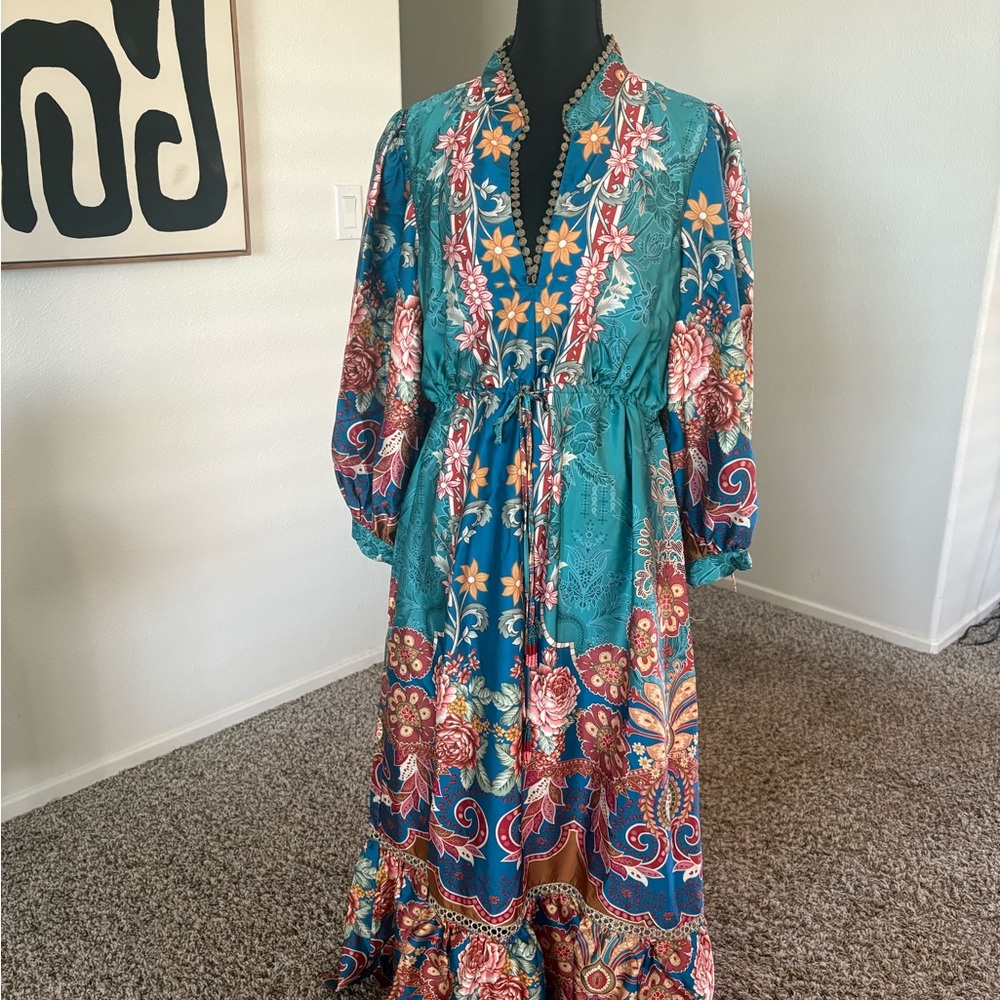 Teal Floral Boho Maxi Dress with Drawstring Waist